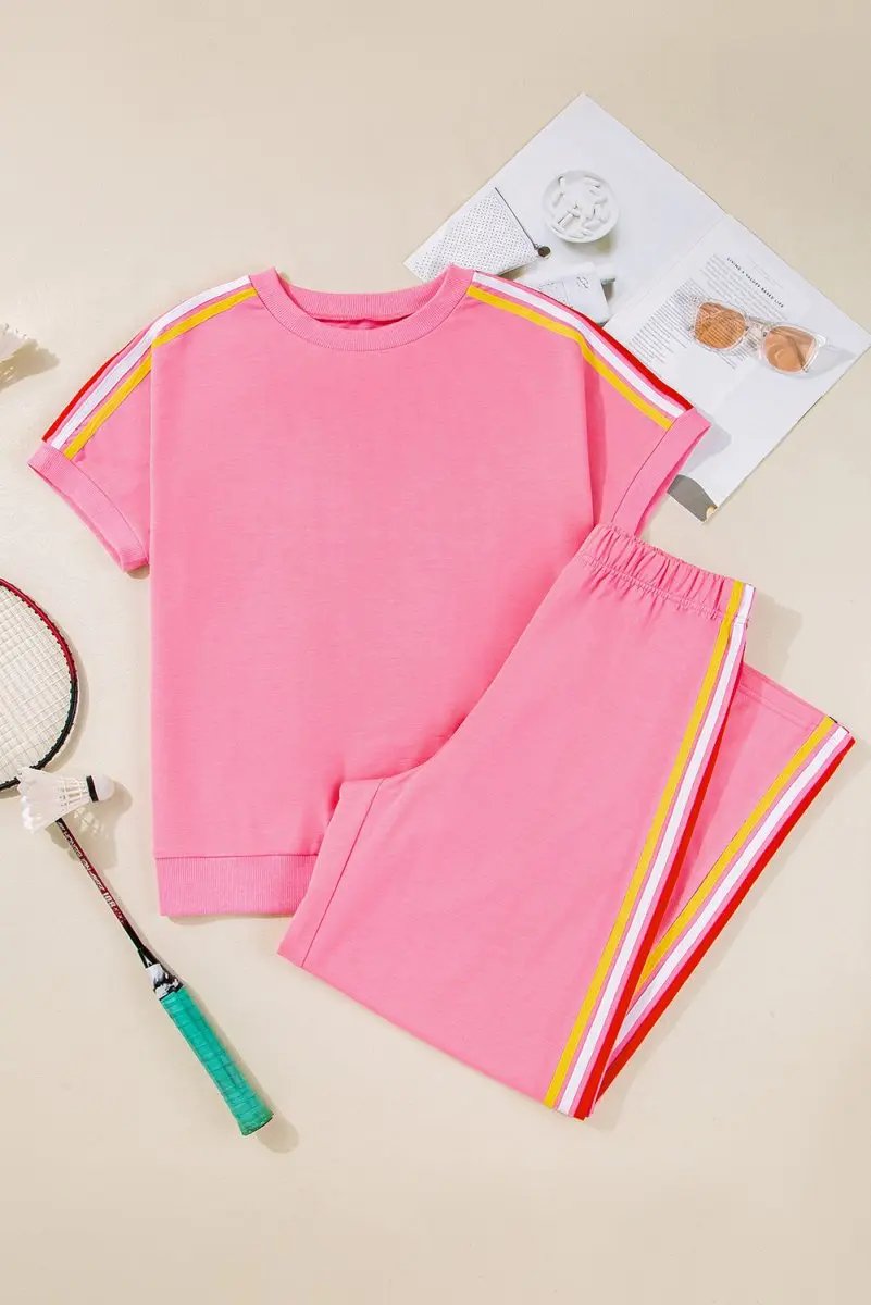 Bonbon Color Contrast Crewneck T Shirt and Wide Leg Pants Set - Love Salve